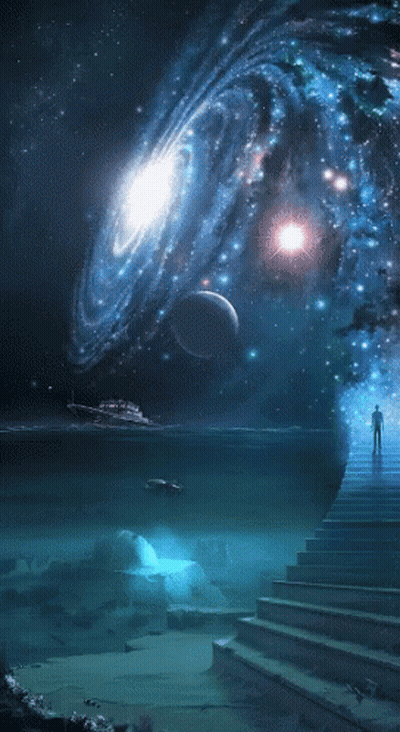 Man Standing On Stairs In Front Of Space Scene GIF