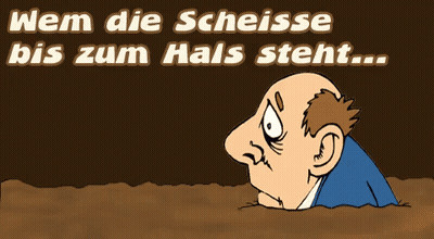Man Sticking Head Out Of Hole Saying Wem Die Scheisse Bis Zum Hals Steht GIF