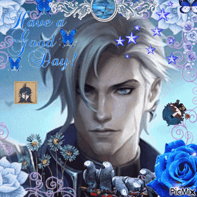 Man Surrounded Blue Flowers Butterflies Have Good Day GIF