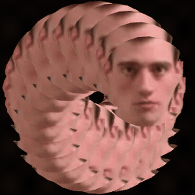 Man Surrounded By Circular Pattern Of Faces GIF