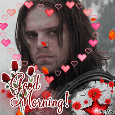 Man Surrounded By Hearts And Flowers Saying Good Morning GIF