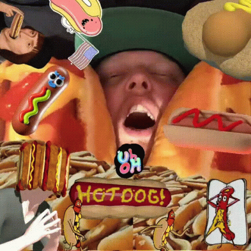 Man Surrounded By Hot Dogs With Hot Dog Sign GIF