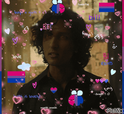 Man Surrounded By Pink And Blue Hearts Saying Love GIF