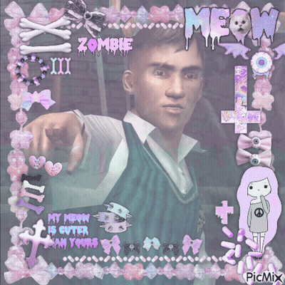 Man Surrounded By Pink Bows Zombie Meow GIF