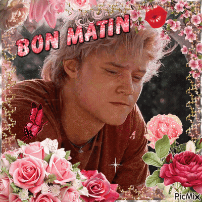 Man Surrounded By Pink Flowers Bon Matin GIF