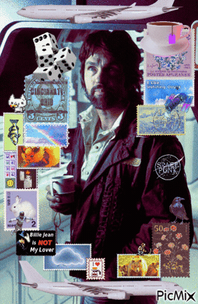 Man Surrounded by Postage Stamps Including 5 Cents