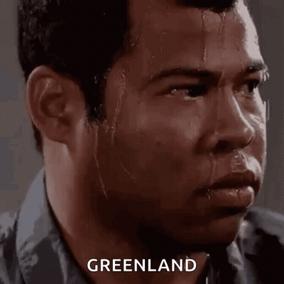 Man Sweating Looking At Camera With Greenland Above GIF
