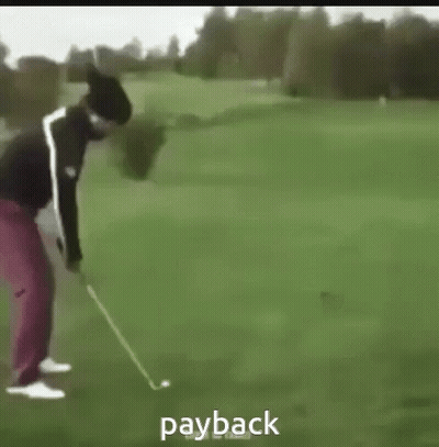 Man Swinging Golf Club With Payback Text GIF