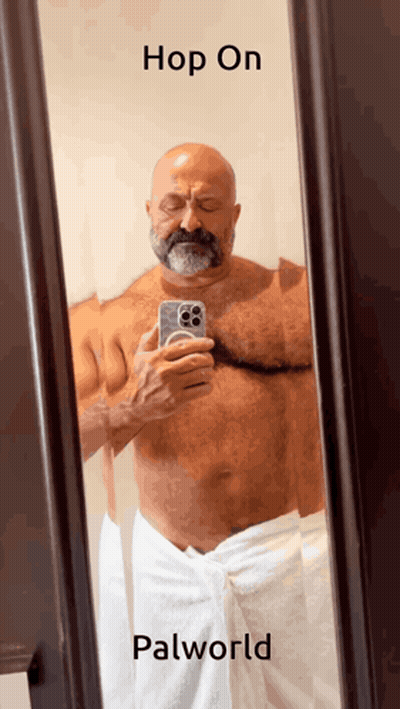Man Taking Selfie In Mirror Hop On Palworld GIF