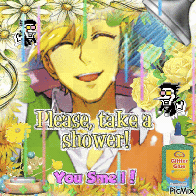 Man Taking Shower With Flowers And Glitter Glue GIF
