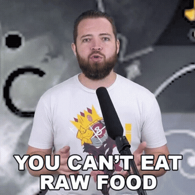 Man Talking Into Microphone Saying You Can't Eat Raw Food GIF
