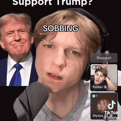 Man Talking Into Microphone With Donald Trump Behind Him GIF