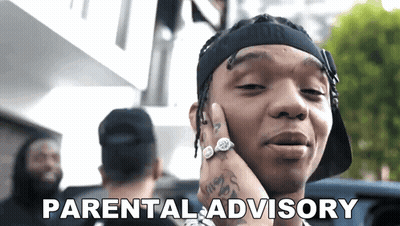 Man Talking On Cell Phone Saying Parental Advisory GIF