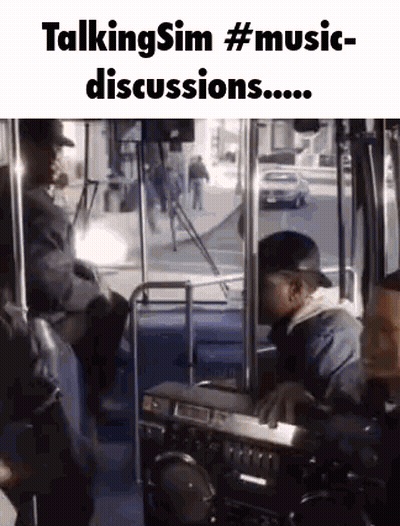 Man Talking To Another Man On Bus Playing Boombox GIF