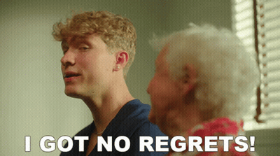 Man Talking To Older Woman Saying I Got No Regrets GIF