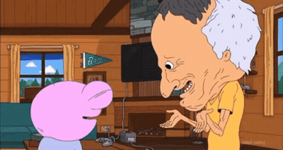 Man Talking To Pink Bunny Saying Bass GIF