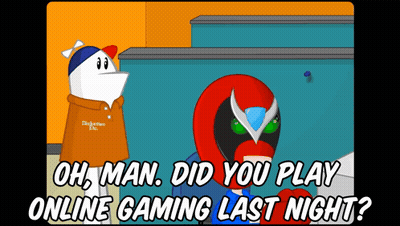 Man Talking To Red Superhero Did You Play Online Gaming Last Night GIF