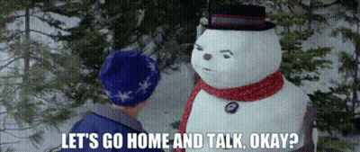 Man Talking To Snowman In Snow GIF