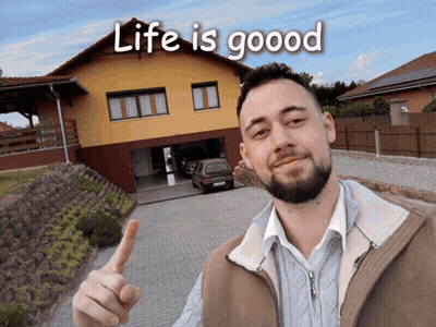 Man Thumbs Up In Front Of Life Is Good House GIF