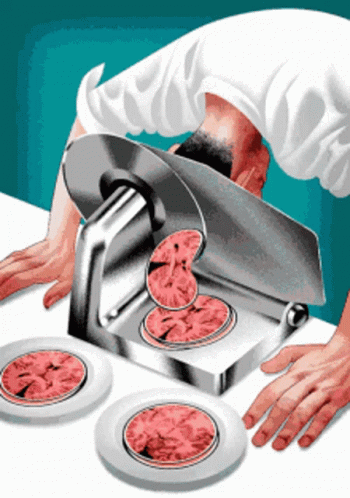 Man Using Meat Slicer For Hamburger Patties GIF