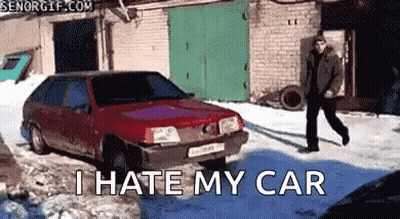 Man Walking In Front Of Red Car Saying I Hate My Car GIF