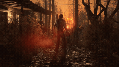 Man Walking Through Dark Forest With Torch GIF