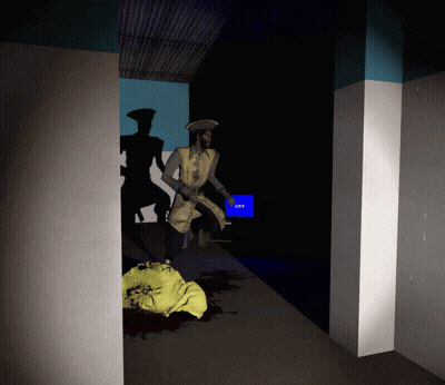 Man Walking Through Dark Hallway With Exit Sign GIF