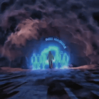 Man Walking Through Tunnel With Glowing Silhouettes Welcome Sign GIF