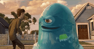 Man Walking Towards Blue One-Eyed Monster GIF
