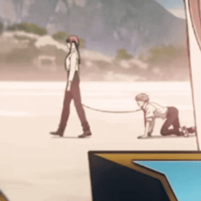 Man Walking Woman On Leash GIF