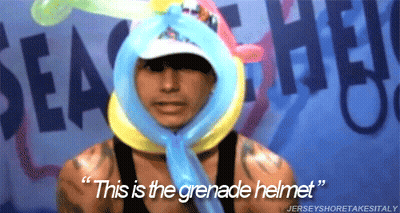 Man Wearing Balloon Helmet Says Grenade Helmet GIF