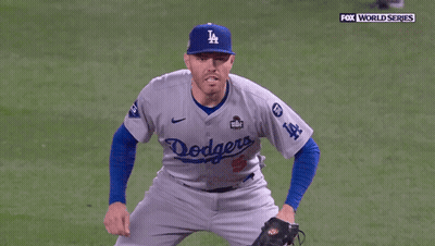 Man Wearing Dodgers Jersey With Mouth Open GIF