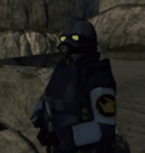 Man Wearing Gas Mask And Badge On Arm GIF