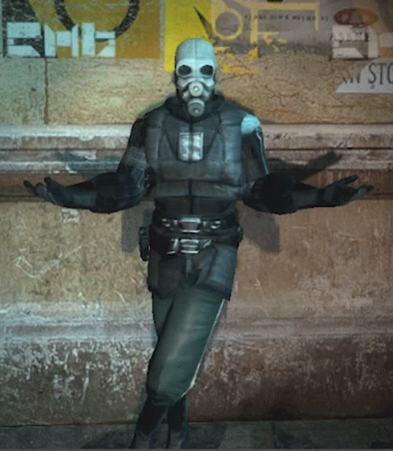 Man Wearing Gas Mask In Front Of Wall With Sign Eh GIF