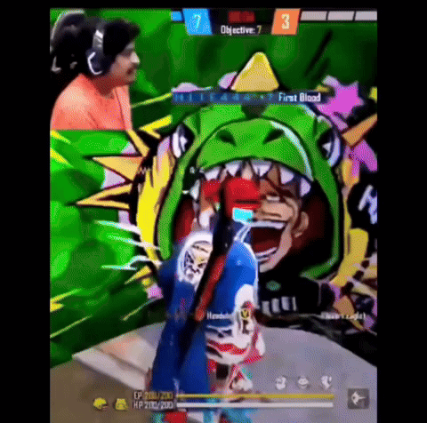 Man Wearing Headphones In Front Of Cartoon Character In Green Hat GIF