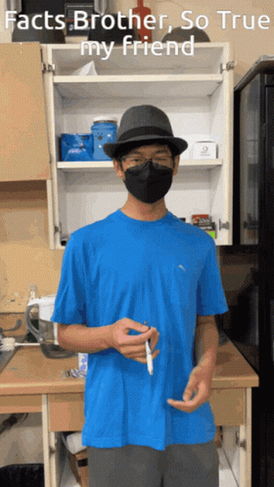 Man Wearing Mask And Hat In Front Of Facts Brother Cabinet GIF