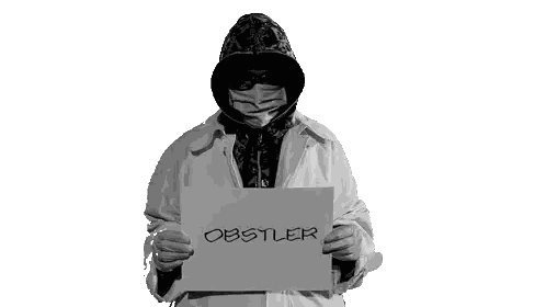 Man Wearing Mask Holding Sign Saying Obstler Sticker