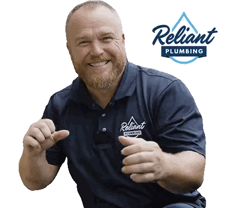 Man Wearing Reliant Plumbing Shirt Sticker