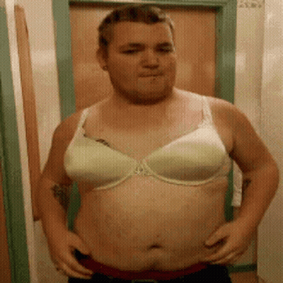 Man Wearing White Bra With Red Belt GIF