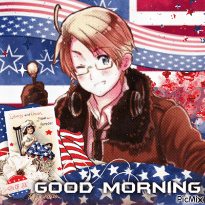 Man With American Flag Saying Good Morning GIF
