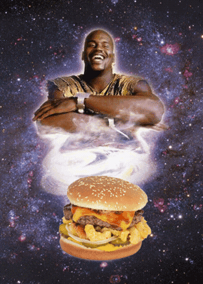 Man With Arms Crossed And Floating Hamburger GIF