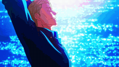 Man With Arms Outstretched In Front Of Blue Background GIF