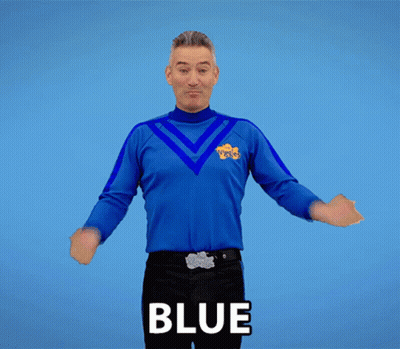 Man With Arms Outstretched Wearing Blue Shirt Saying Blue GIF