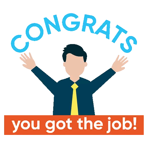 Man With Arms Up Saying Congrats You Got The Job Sticker
