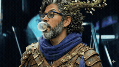 Man With Beard And Glasses Blowing Bubble With Branch On Head GIF