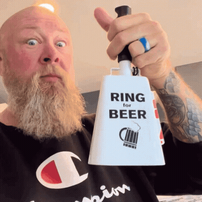 Man With Beard Holding Bell That Says Ring For Beer GIF