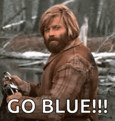 Man With Beard Holding Fishing Rod Saying Go Blue GIF