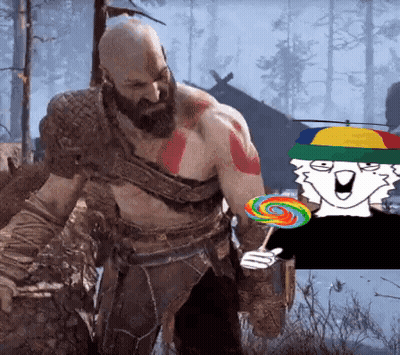 Man With Beard Holding Lollipop Next To Cartoon Character GIF