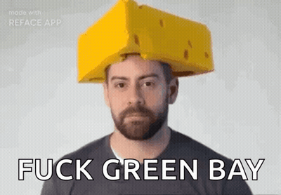 Man With Beard In Cheese Hat Saying Fuck Green Bay GIF