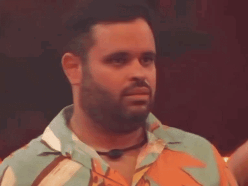 Man With Beard In Colorful Shirt And Microphone Around Neck GIF